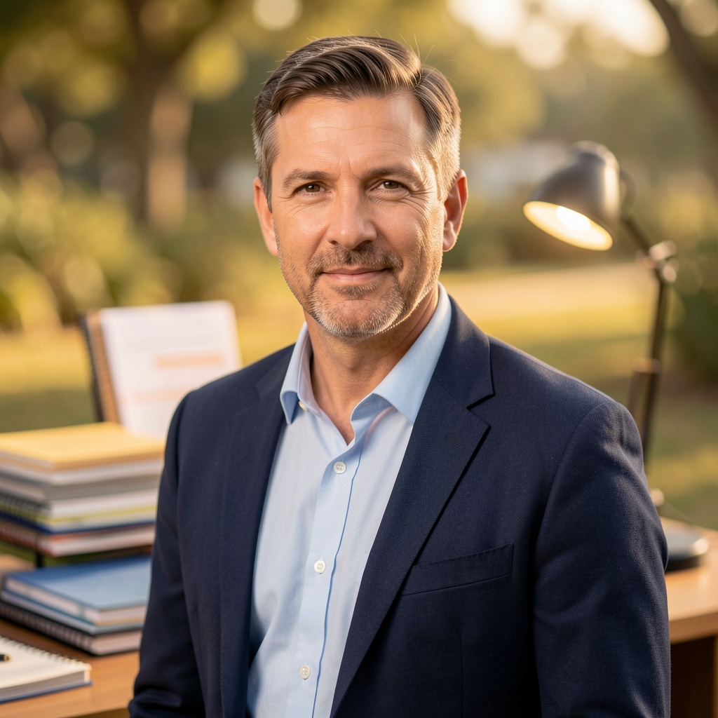 Editorial portrait of a man in his forties at a standing desk with notebooks and reference materials visible in the background, warm studio lighting