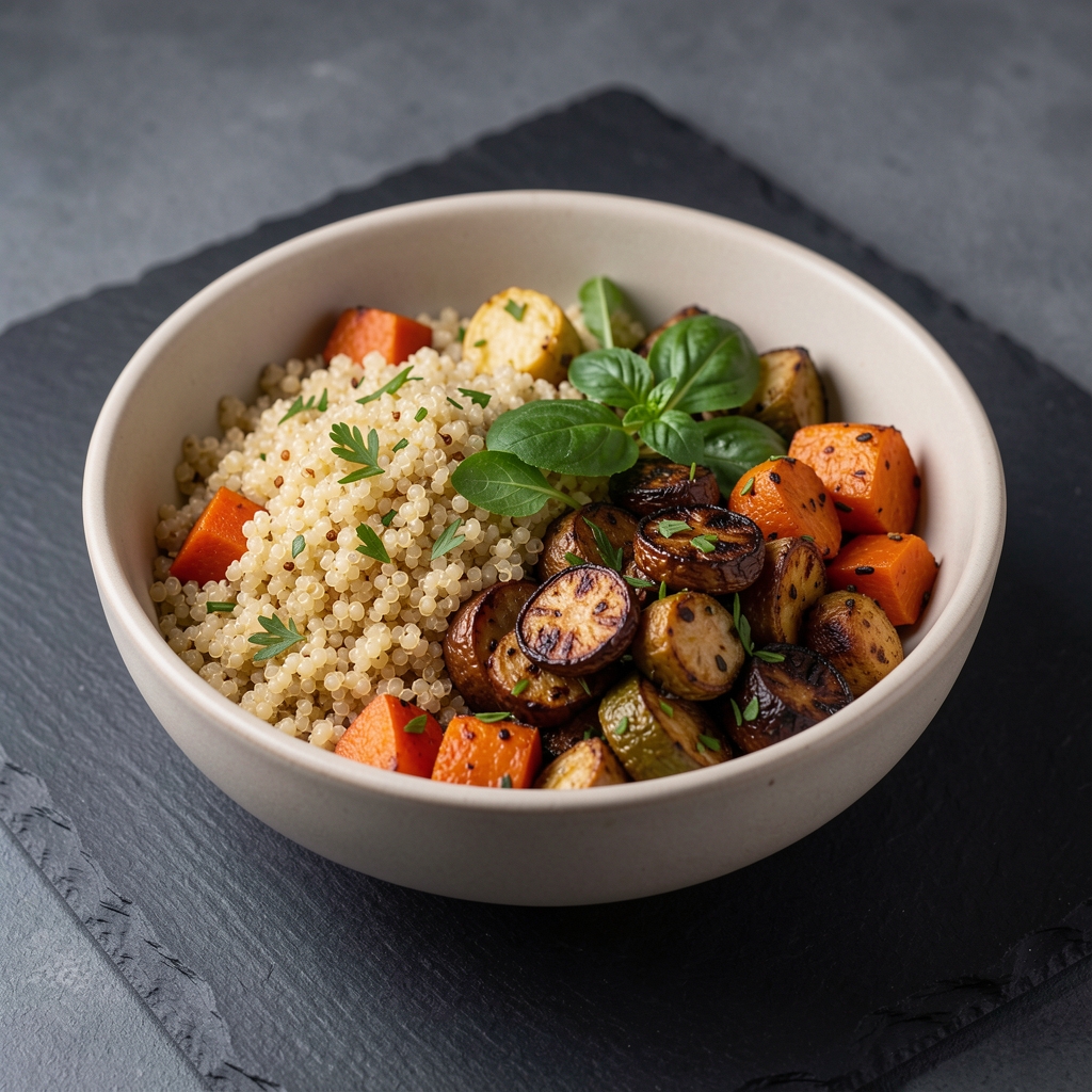 Neatly arranged balanced meal bowl with quinoa, roasted vegetables, and fresh herbs on a slate surface under studio lighting